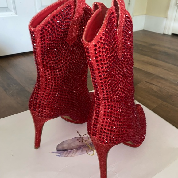 Jessica Simpson Intense Red Glitter Gabor Boots. - Picture 6 of 16